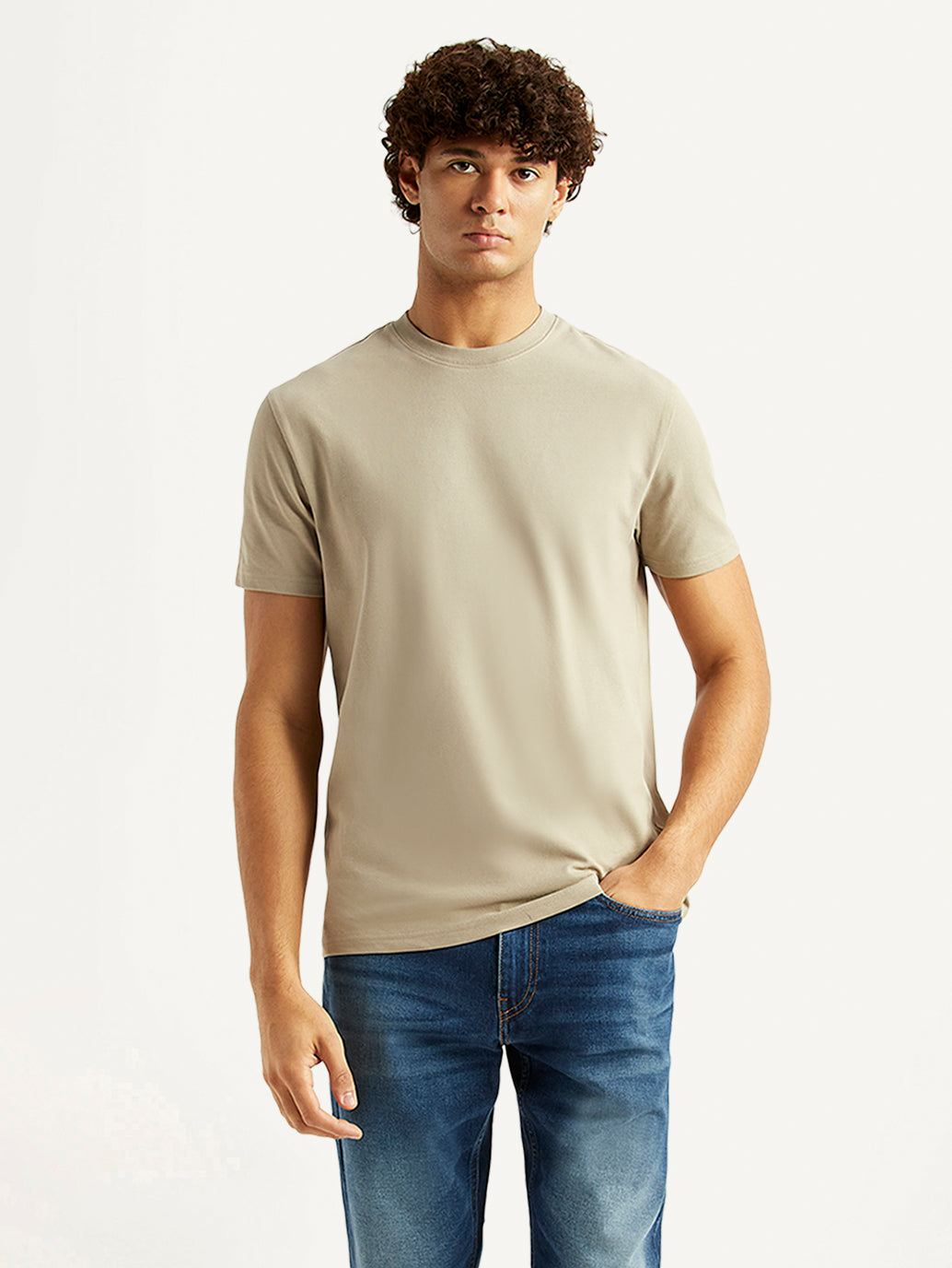Men's Solid Beige Slim Fit T-shirt