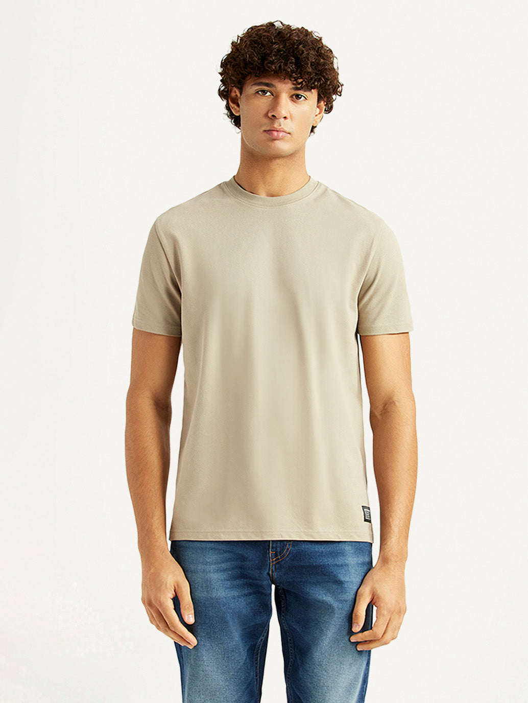 Men's Solid Beige Slim Fit T-shirt - Front View
