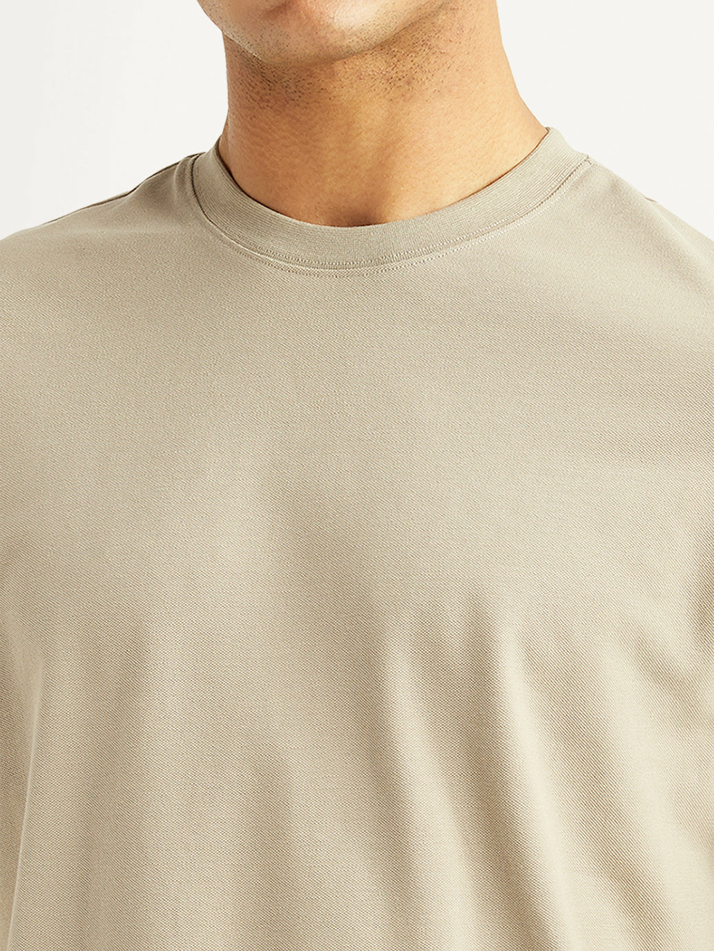 Men's Solid Beige Slim Fit T-shirt - Detail View