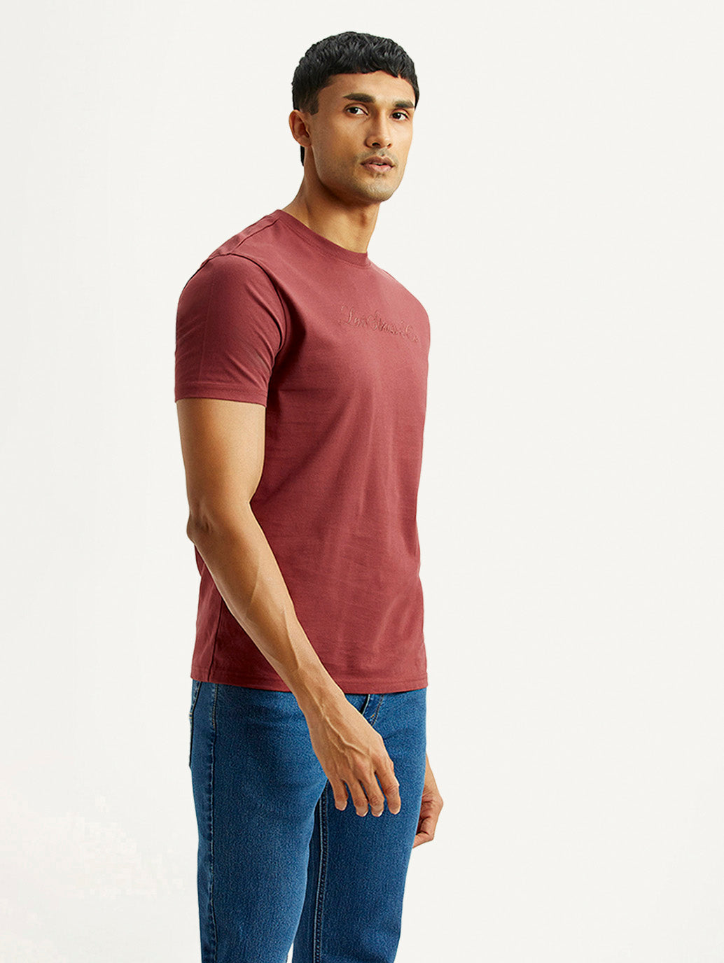 Men's Embroidered Maroon Slim Fit T-shirt - Side View