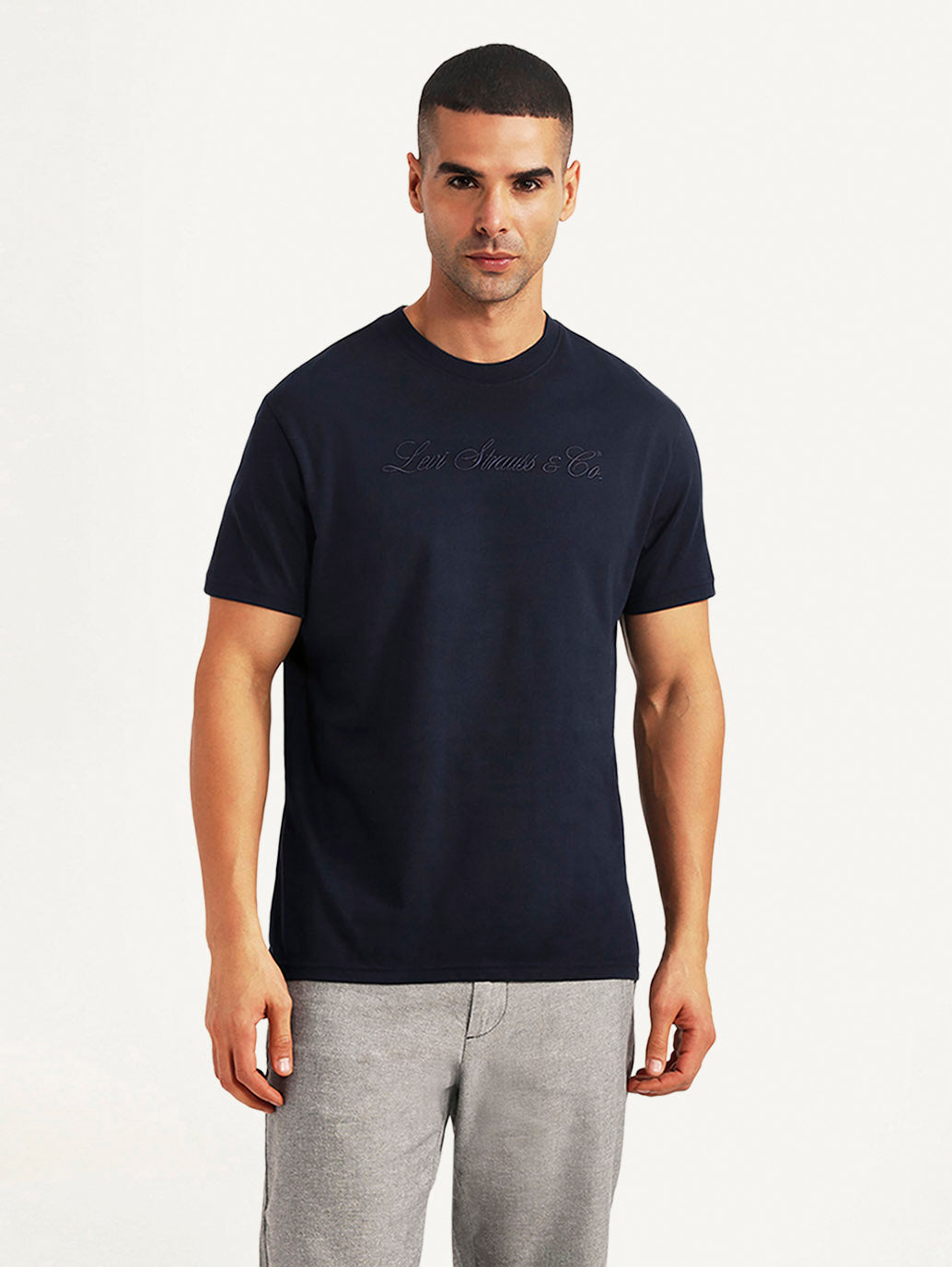Men's Typographic Print Navy Slim Fit T-shirt - Front View
