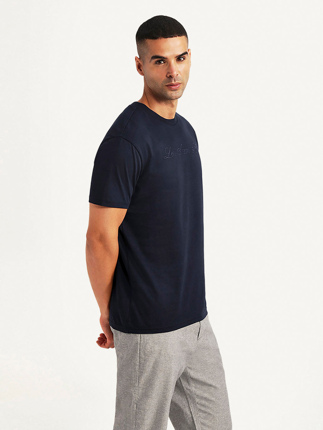 Men's Typographic Print Navy Slim Fit T-shirt - Side View