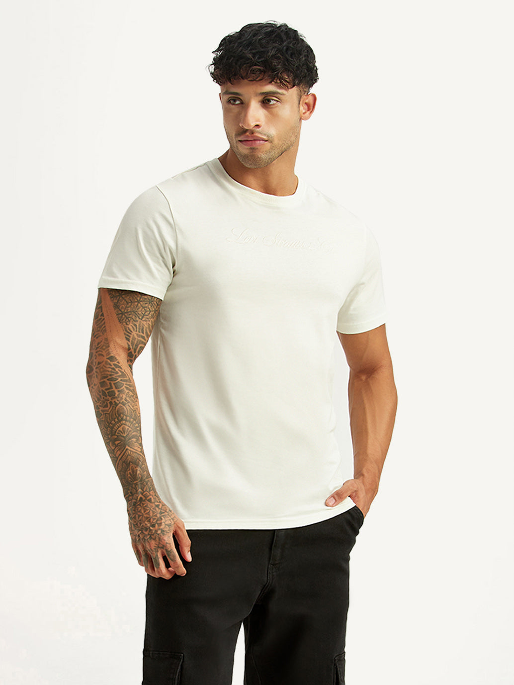 Men's Embroidered Off-White Slim Fit T-shirt