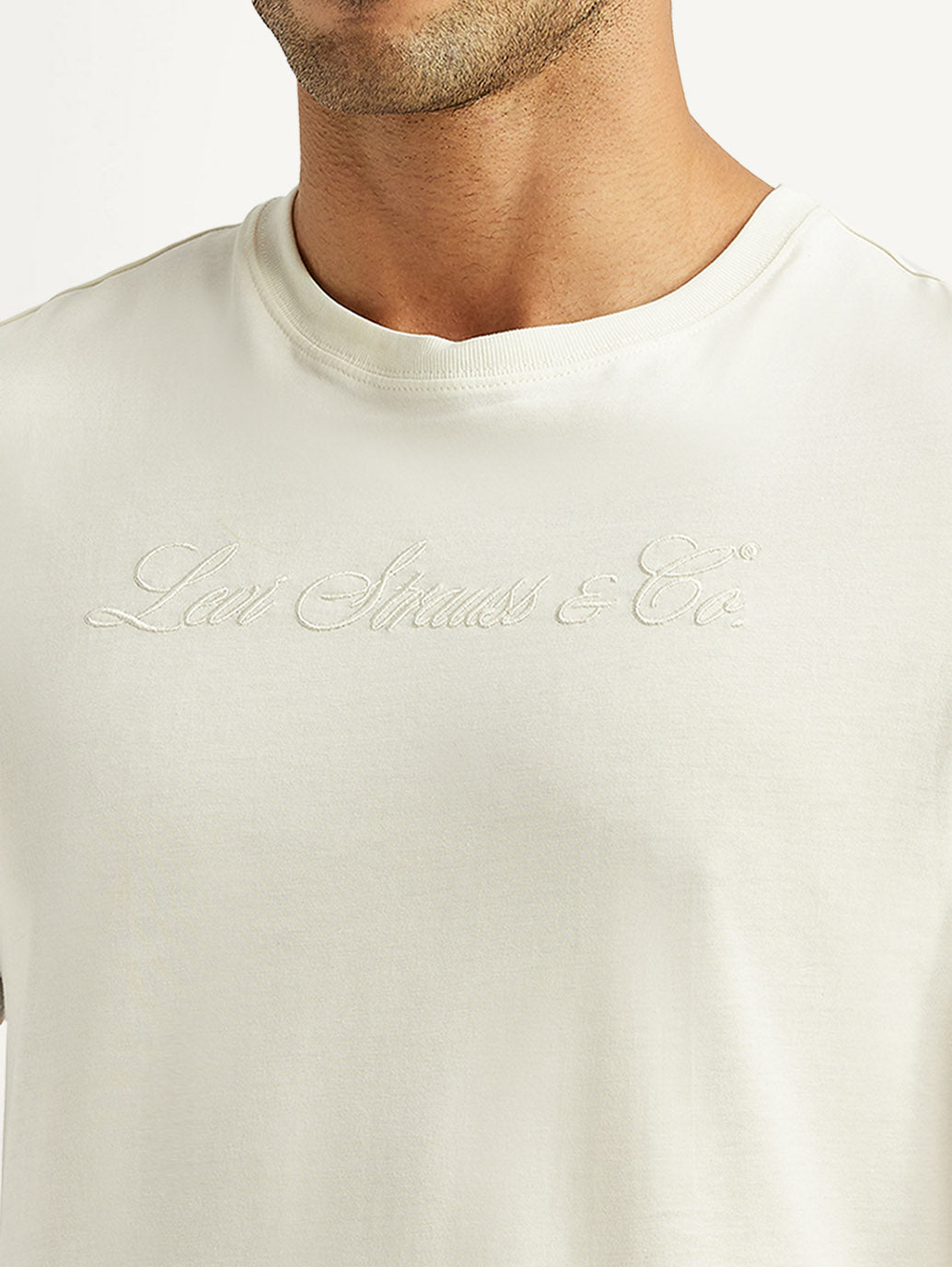 Men's Embroidered Off-White Slim Fit T-shirt - Detail View