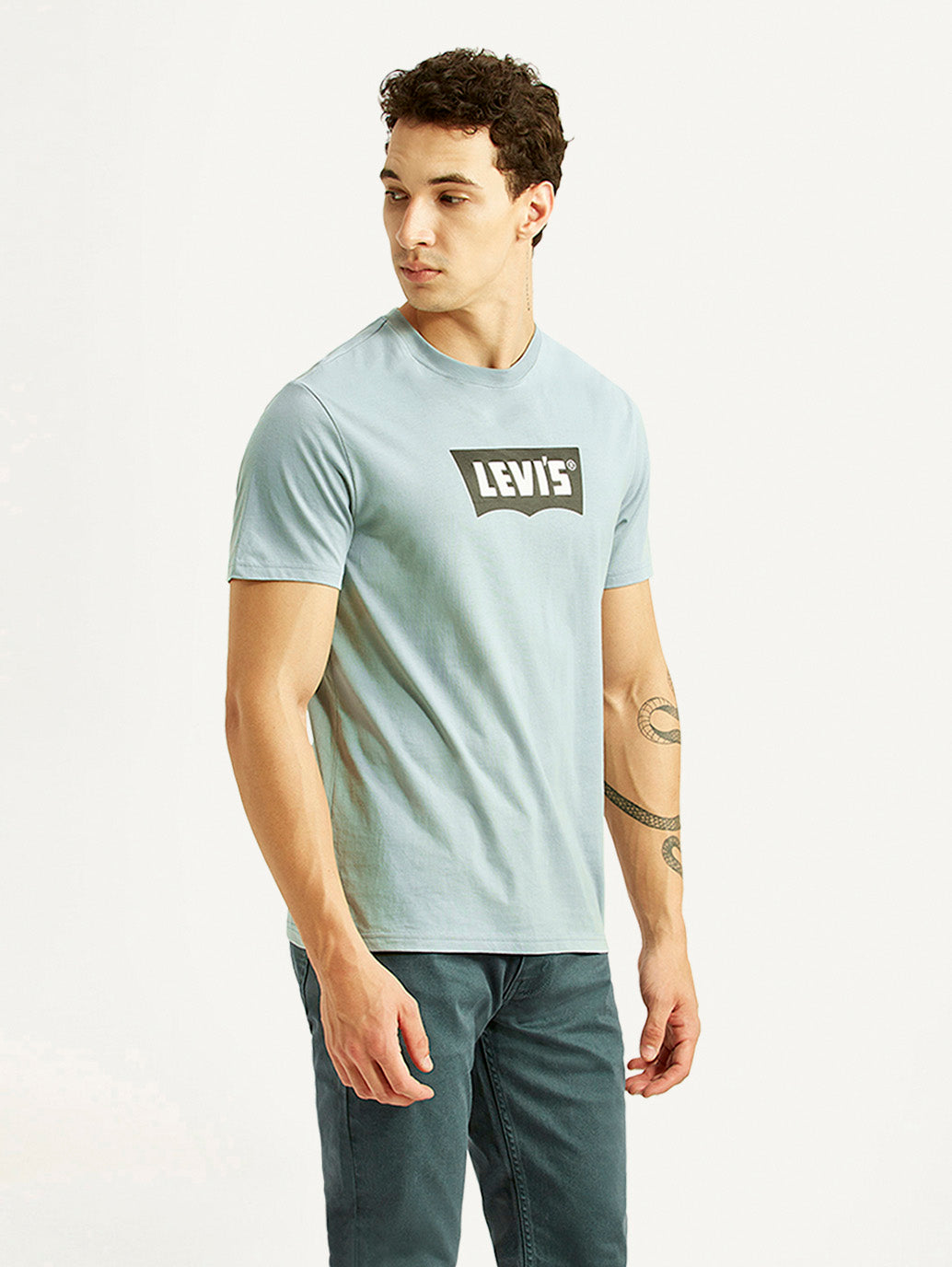 Men's Brand Logo Light Blue Slim Fit T-shirt - Side View