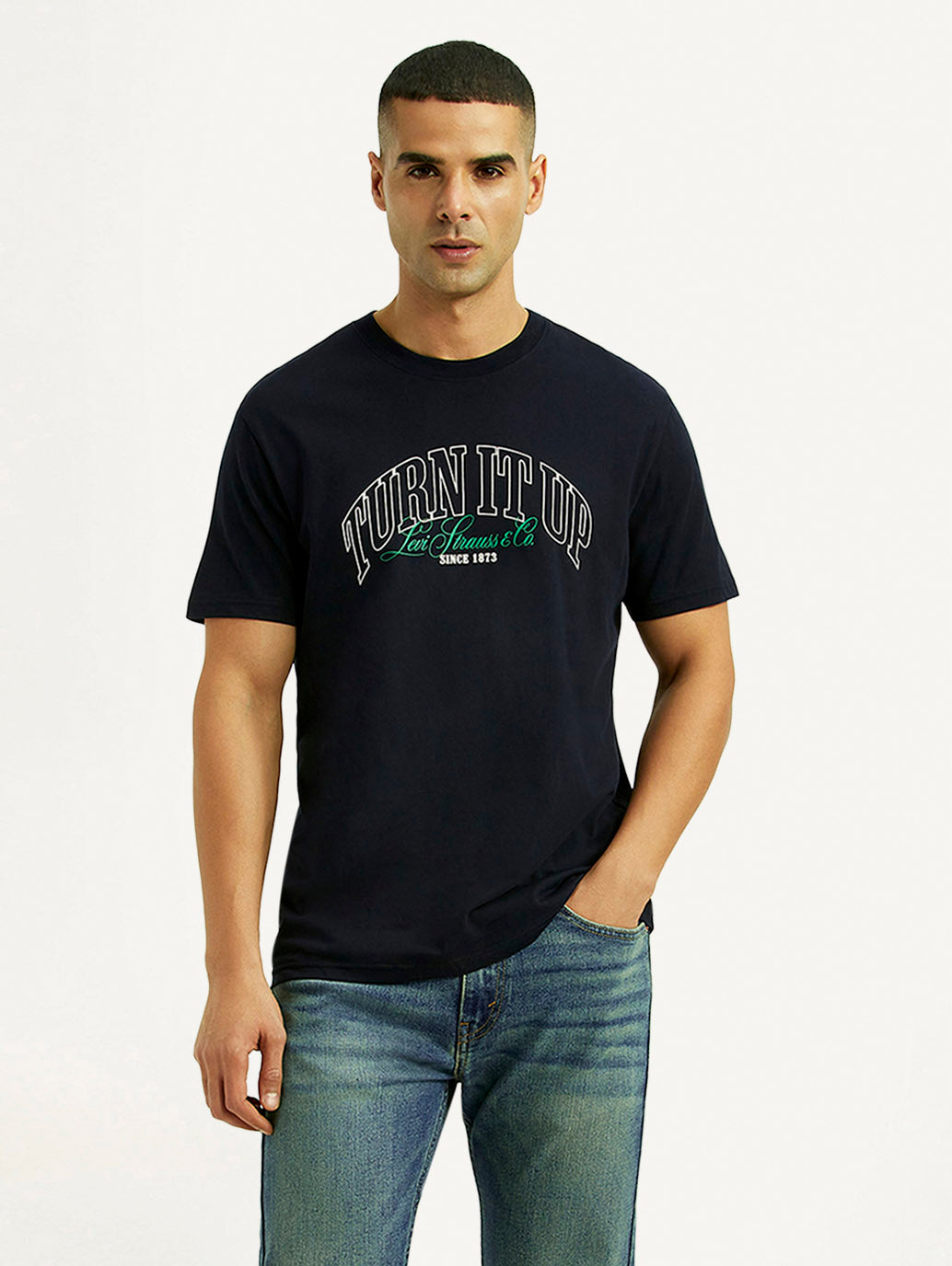 Men's Typographic Print Navy Slim Fit T-shirt - Styleshot View