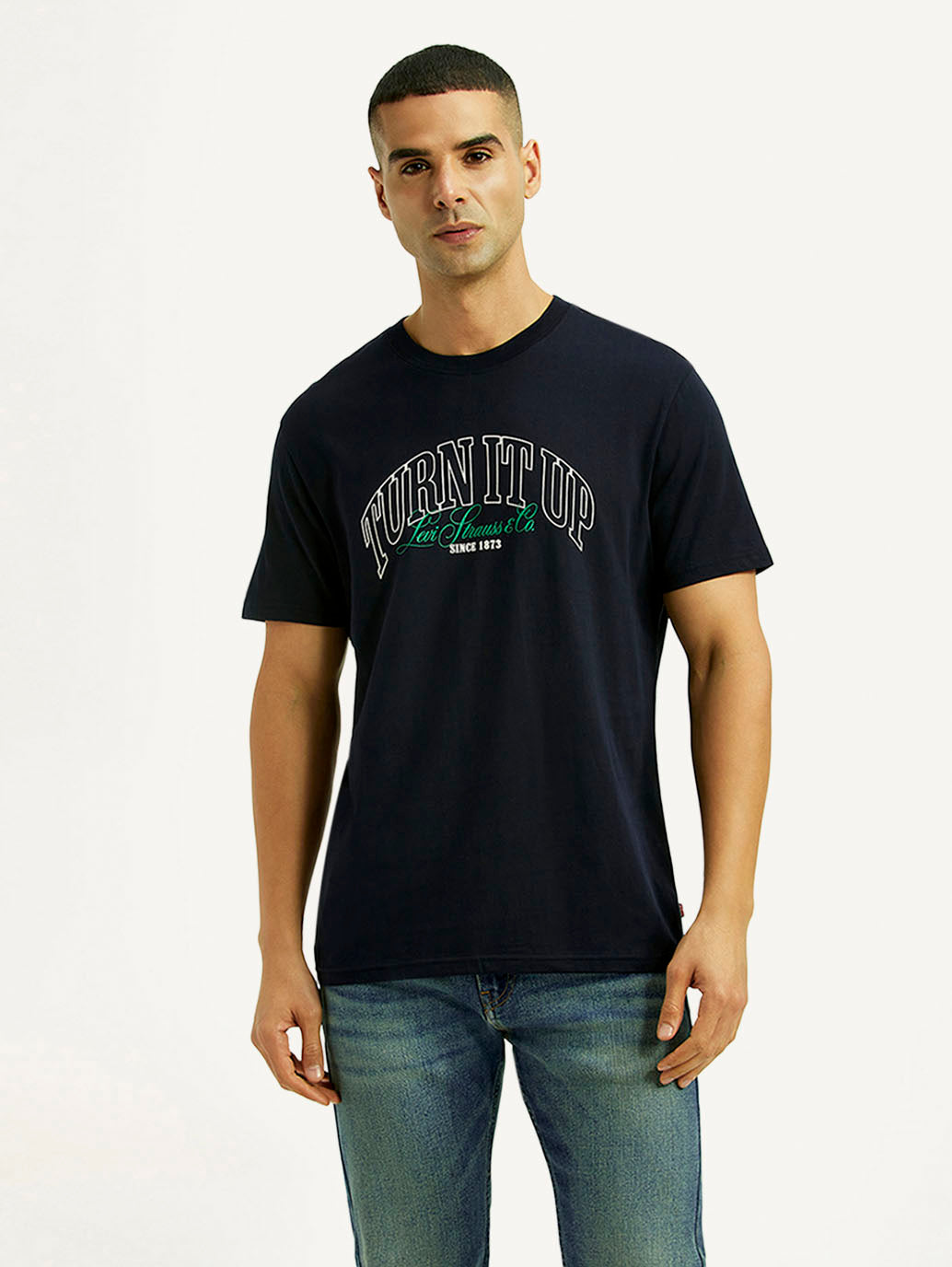 Men's Typographic Print Navy Slim Fit T-shirt - Front View