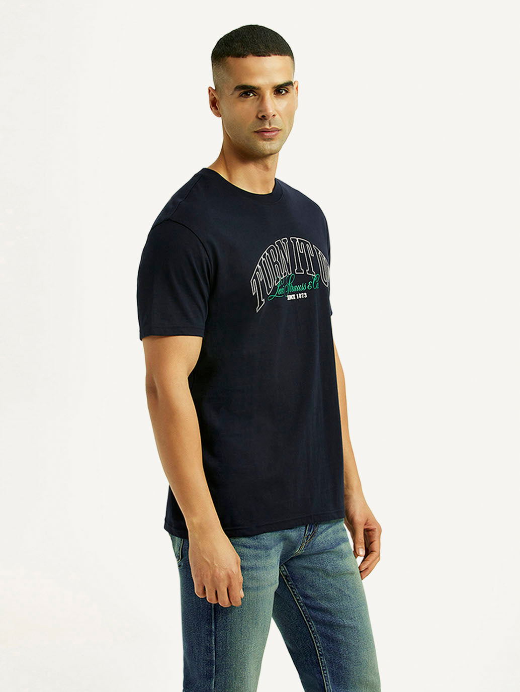 Men's Typographic Print Navy Slim Fit T-shirt - Side View