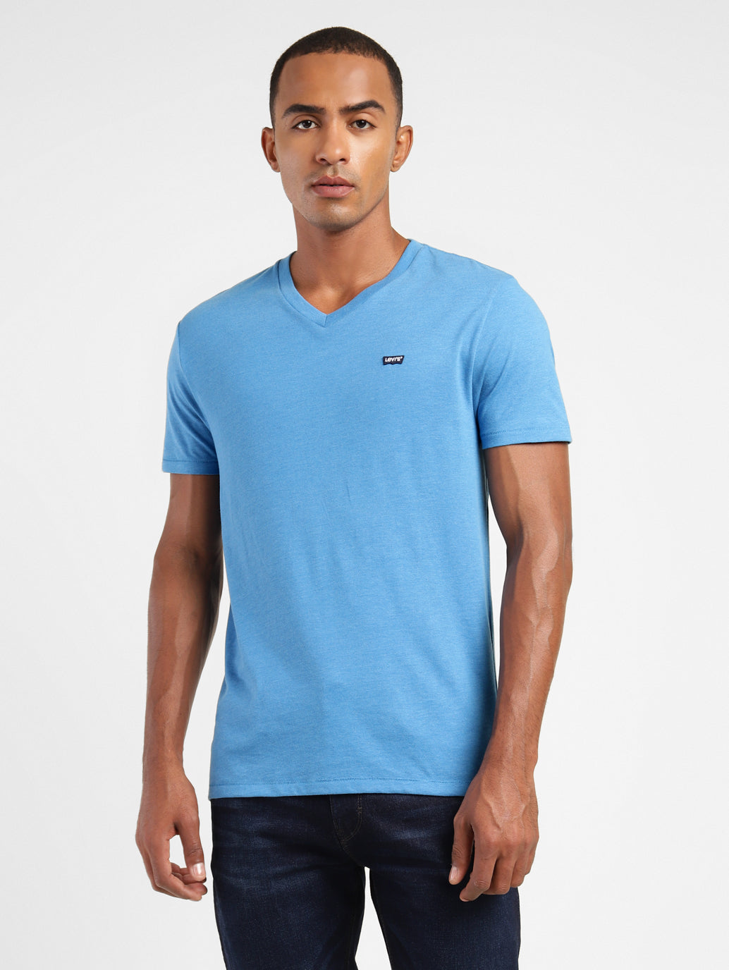 Men's Solid V Neck T-shirt Blue