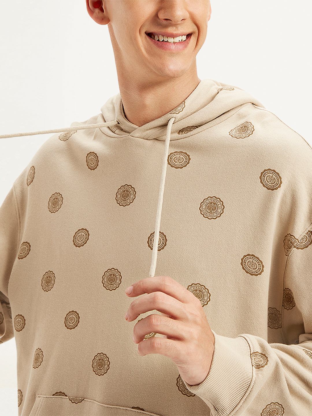 Men's Printed Khaki Hooded Sweatshirt