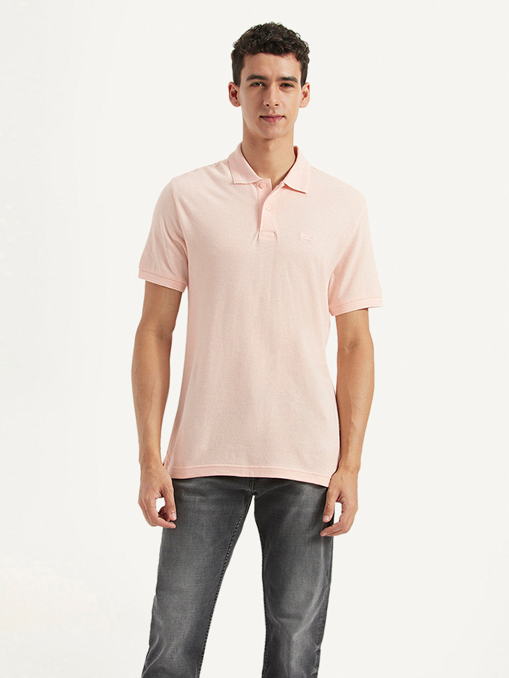 Men's Solid Slim Fit Polo Linen T-shirt - Front View