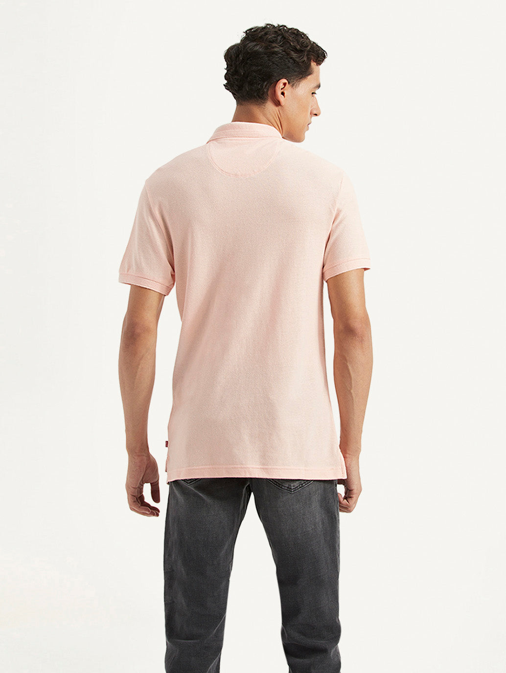 Men's Solid Slim Fit Polo Linen T-shirt - Back View