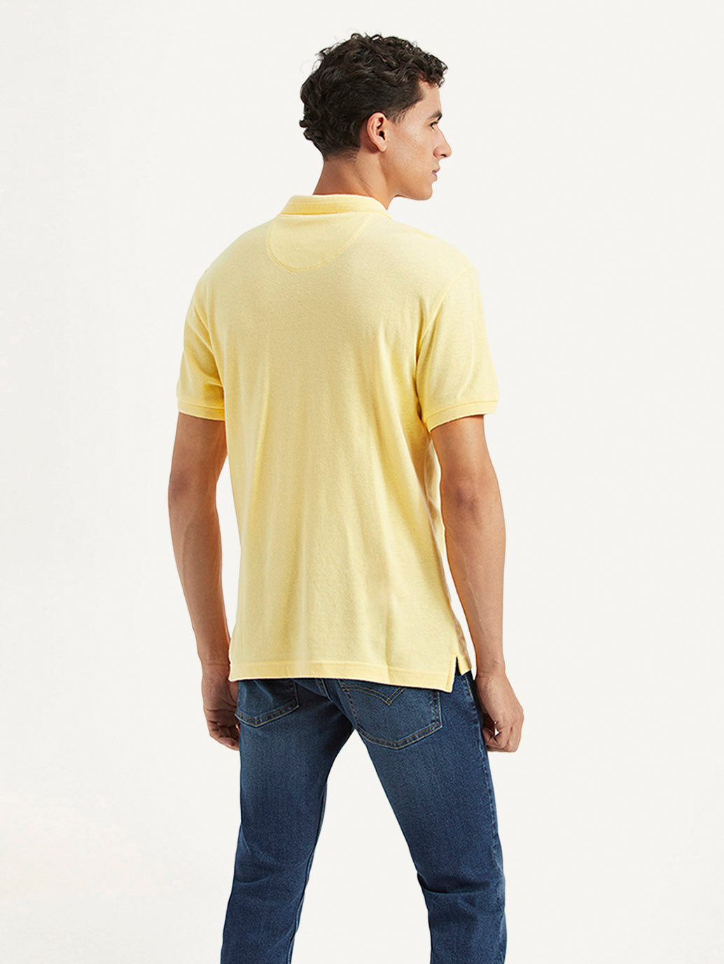 Men's Solid Slim Fit Polo Linen T-shirt - Back View