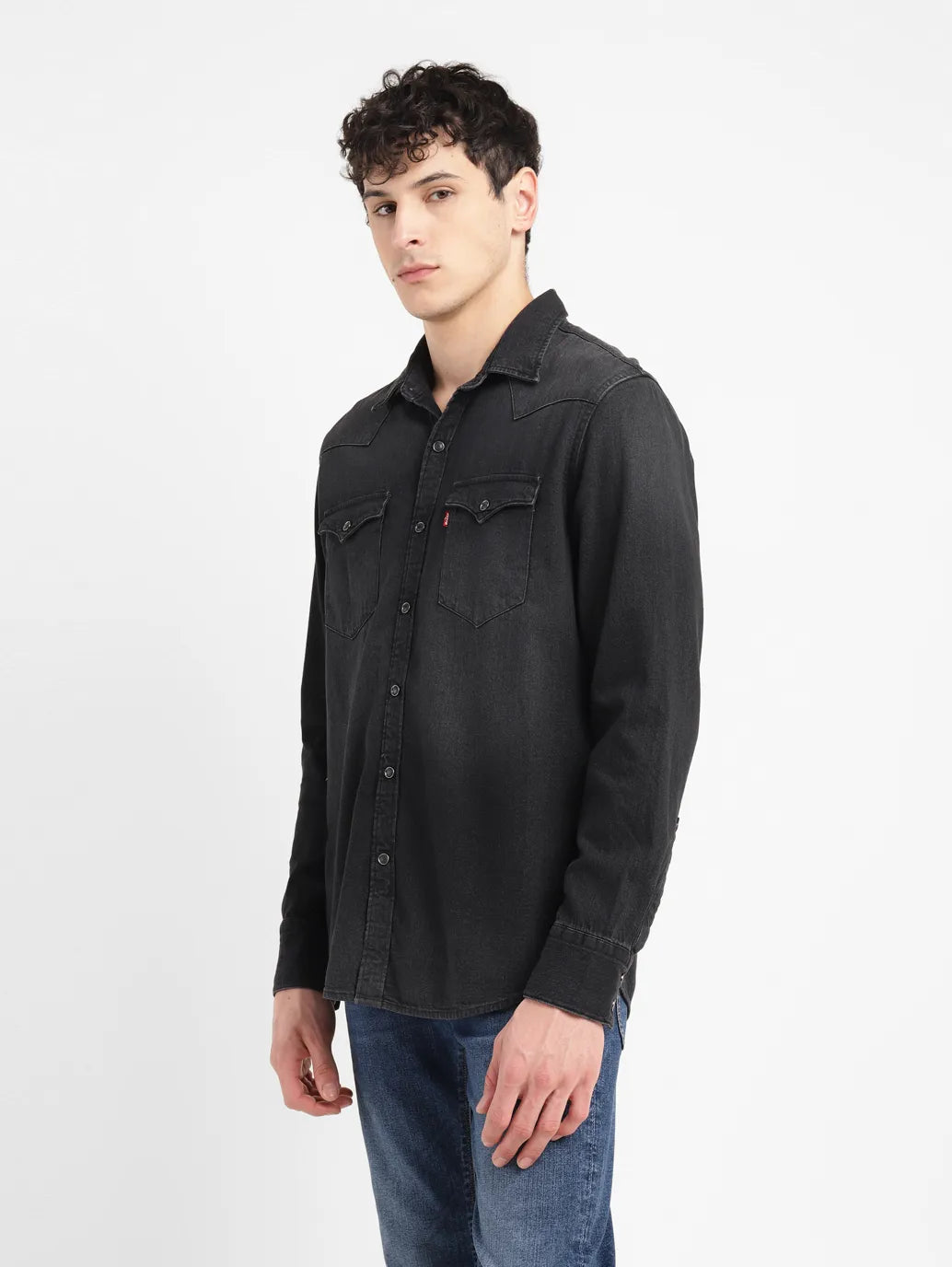 Mens slim fit black 2025 denim shirt