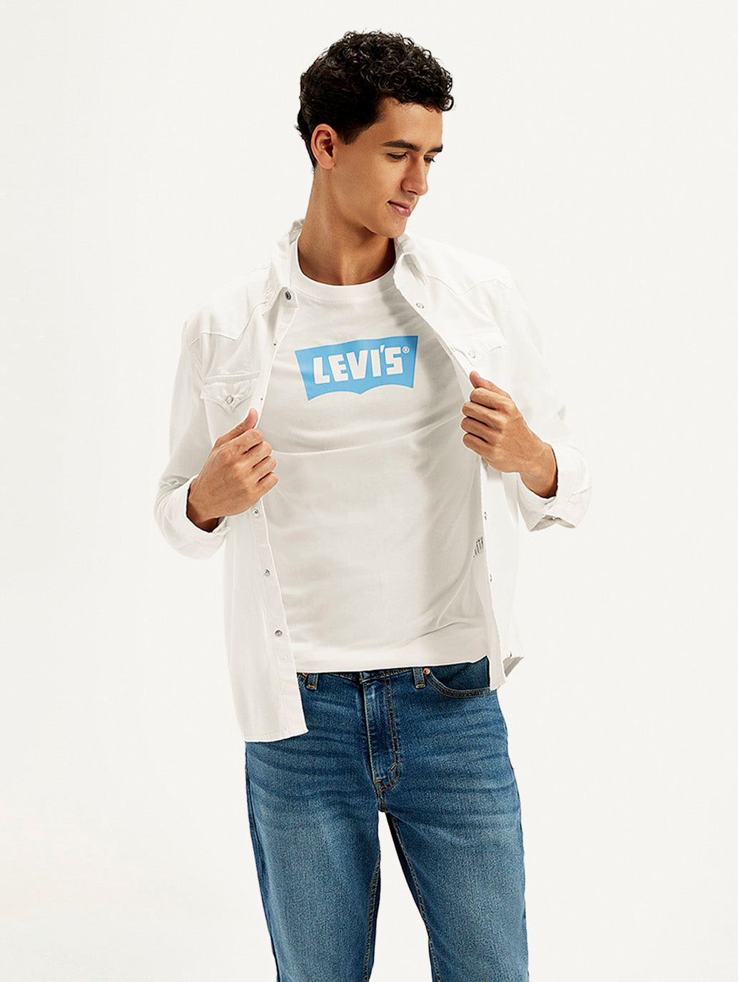 Men's Solid White Spread Collar Denim Shirt
