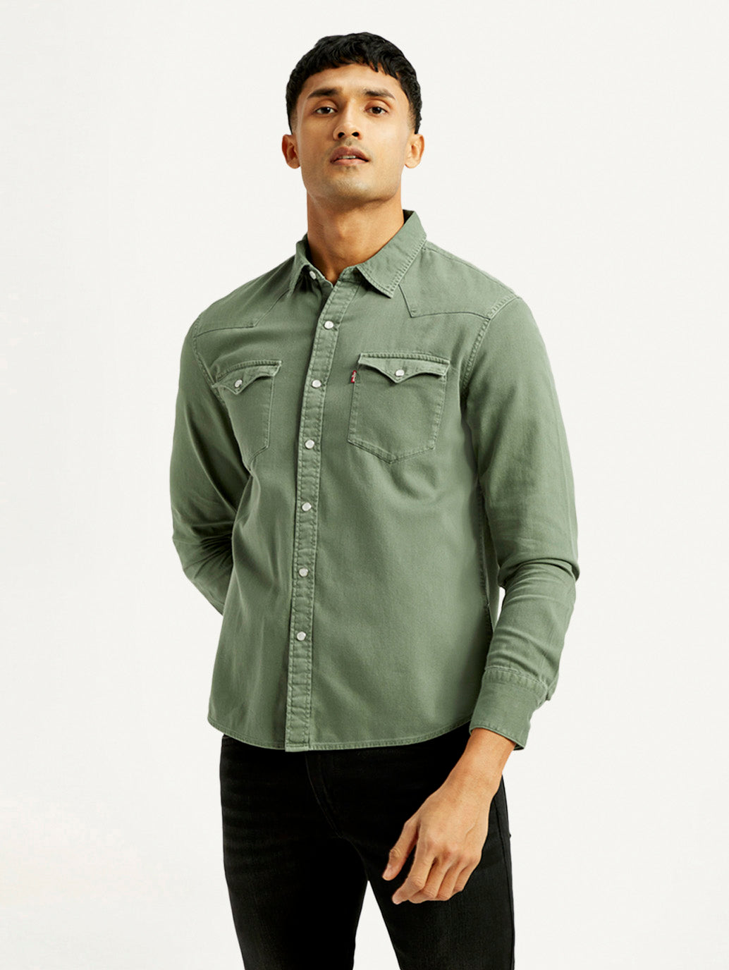 Men's Solid Overdyed Slim Fit Shirt - Front View