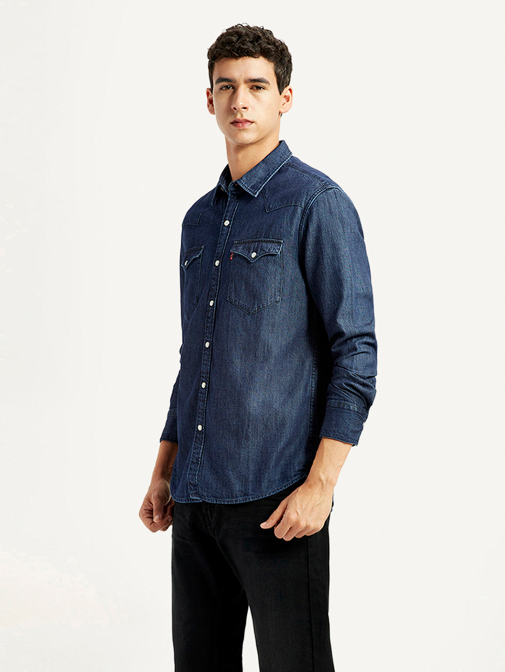 Men's Solid Indigo Slim Fit Shirt - Side View