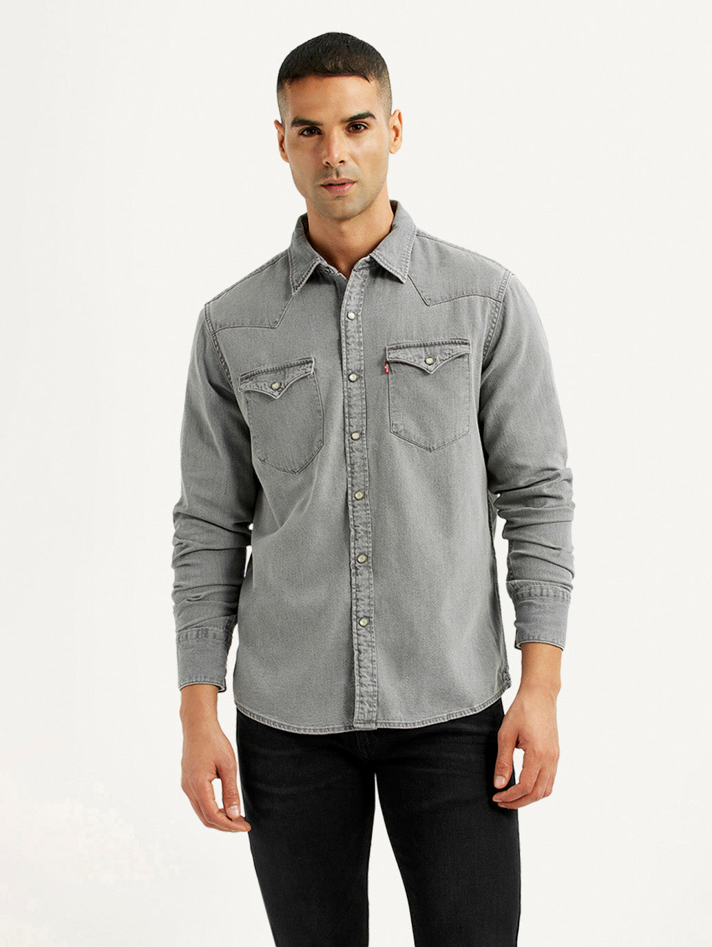 Men's Solid Grey Slim Fit Denim Shirt