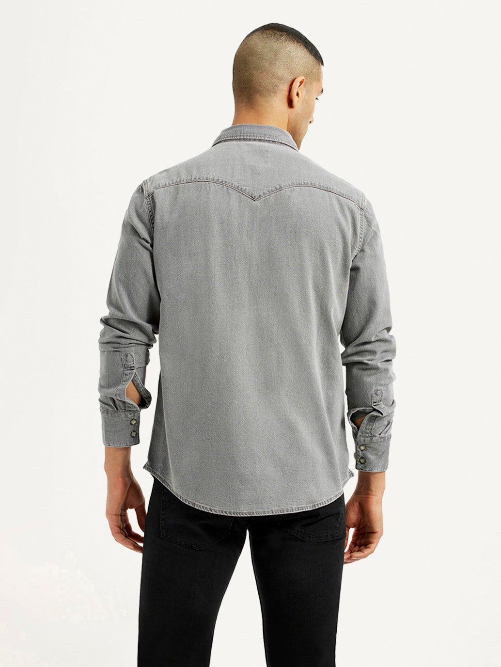 Men's Solid Grey Slim Fit Denim Shirt - Back View