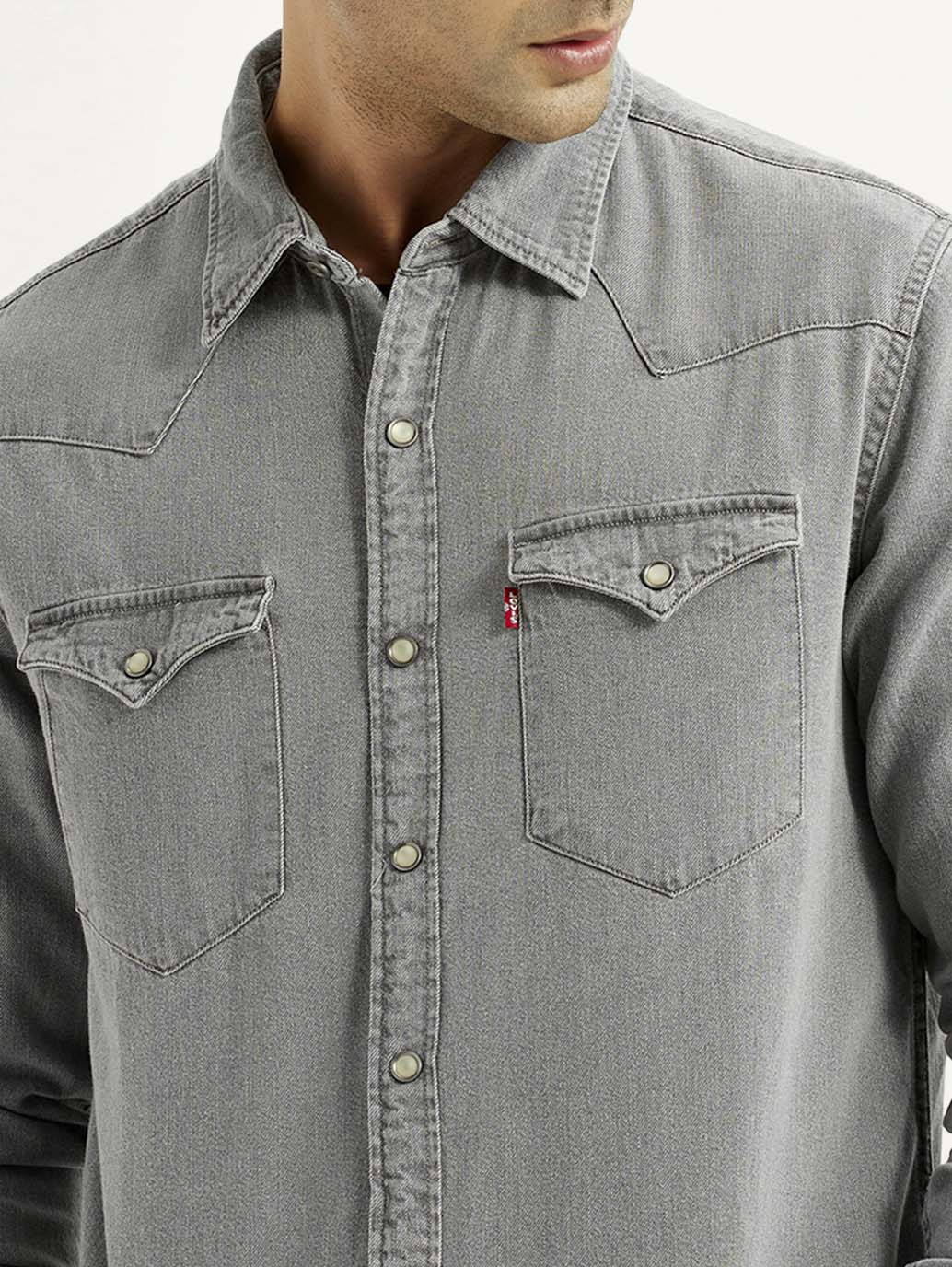 Men's Solid Grey Slim Fit Denim Shirt - Detail View