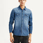 Men's Solid Blue Slim Fit Denim Shirt - Styleshot View