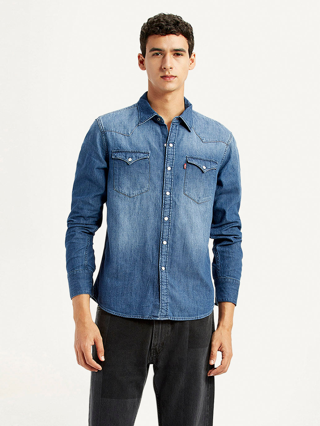 Men's Solid Blue Slim Fit Denim Shirt - Styleshot View