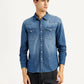 Men's Solid Blue Slim Fit Denim Shirt - Front View
