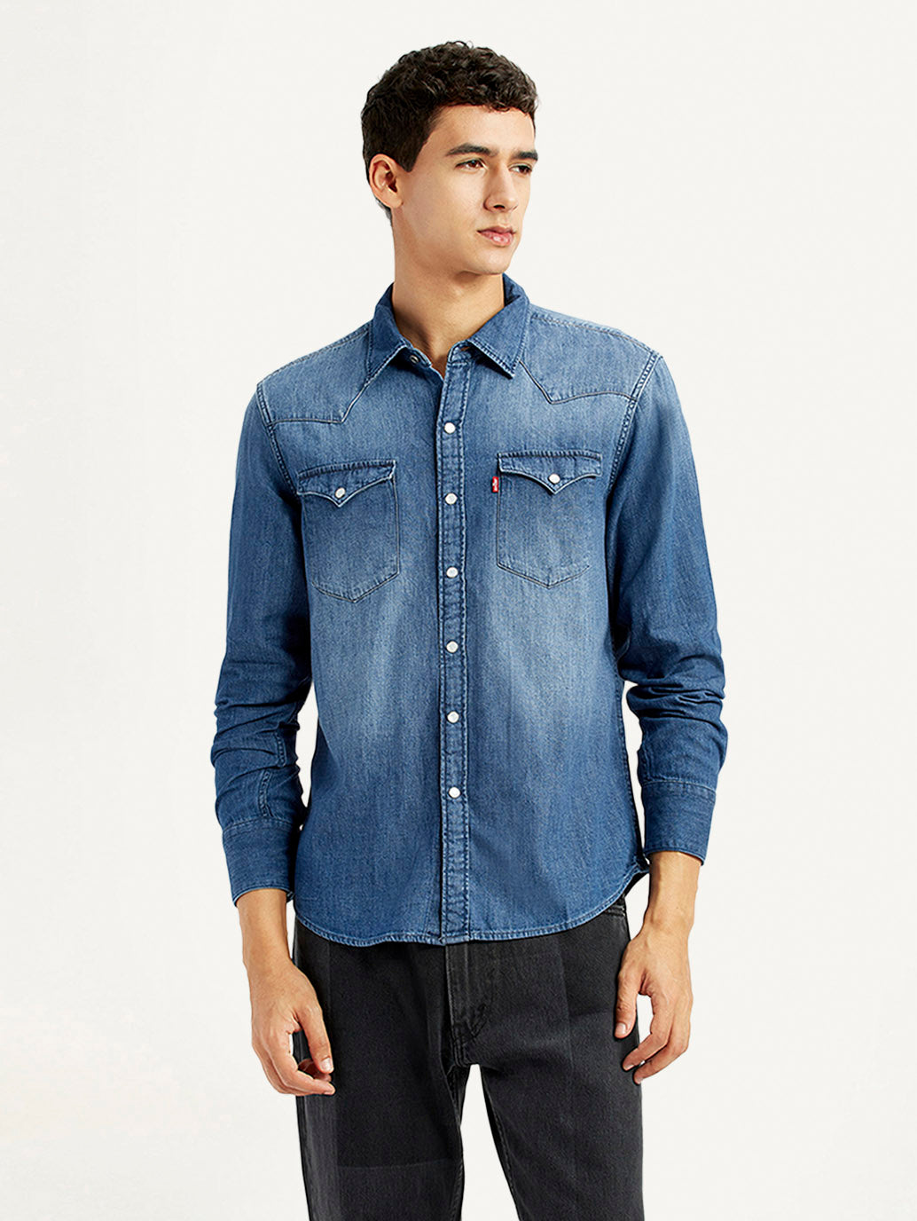 Men's Solid Blue Slim Fit Denim Shirt - Front View