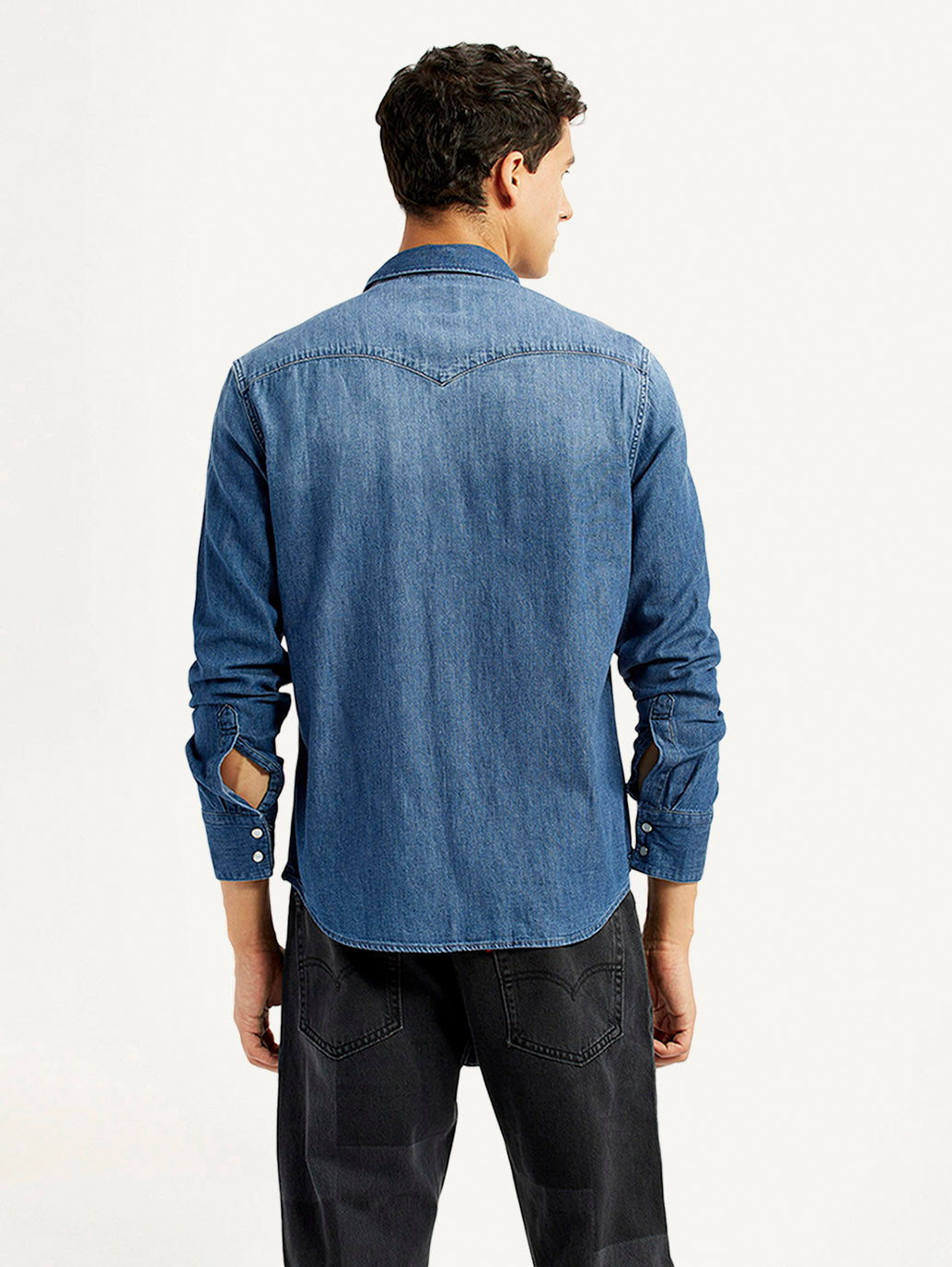 Men's Solid Blue Slim Fit Denim Shirt - Back View