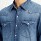 Men's Solid Blue Slim Fit Denim Shirt - Detail View
