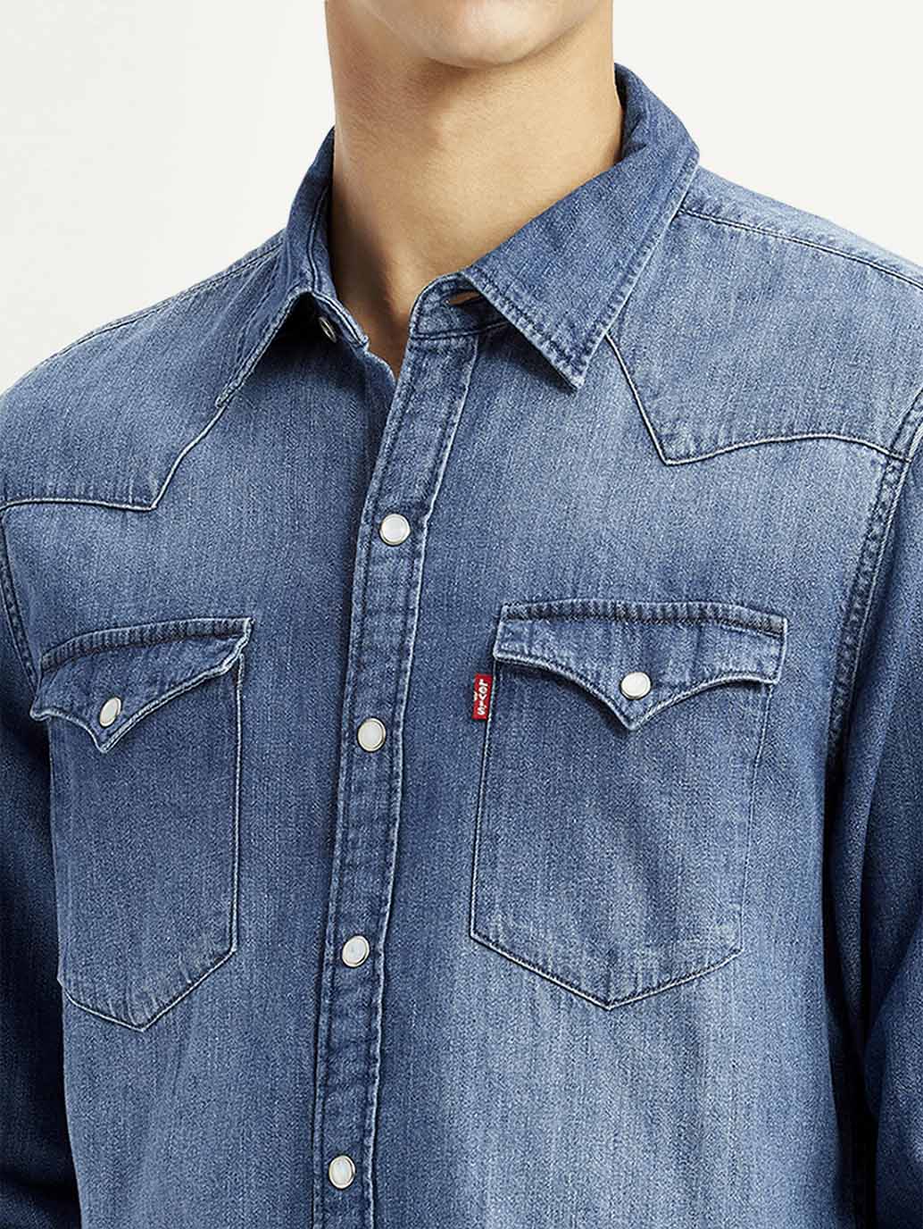 Men's Solid Blue Slim Fit Denim Shirt - Detail View