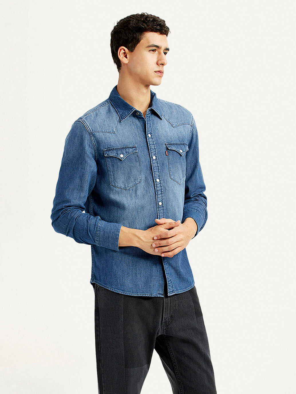 Men's Solid Blue Slim Fit Denim Shirt - Side View