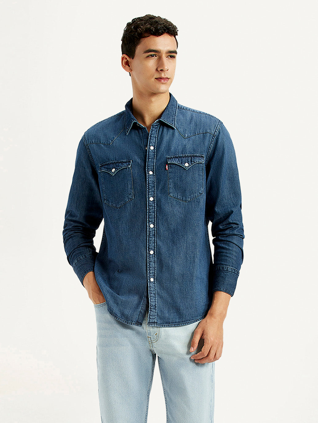 Men's Solid Dark Blue Slim Fit Denim Shirt