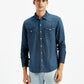 Men's Solid Dark Blue Slim Fit Denim Shirt - Front View