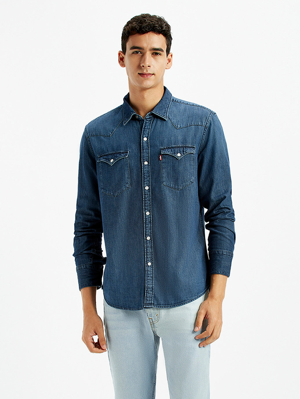 Men's Solid Dark Blue Slim Fit Denim Shirt - Front View