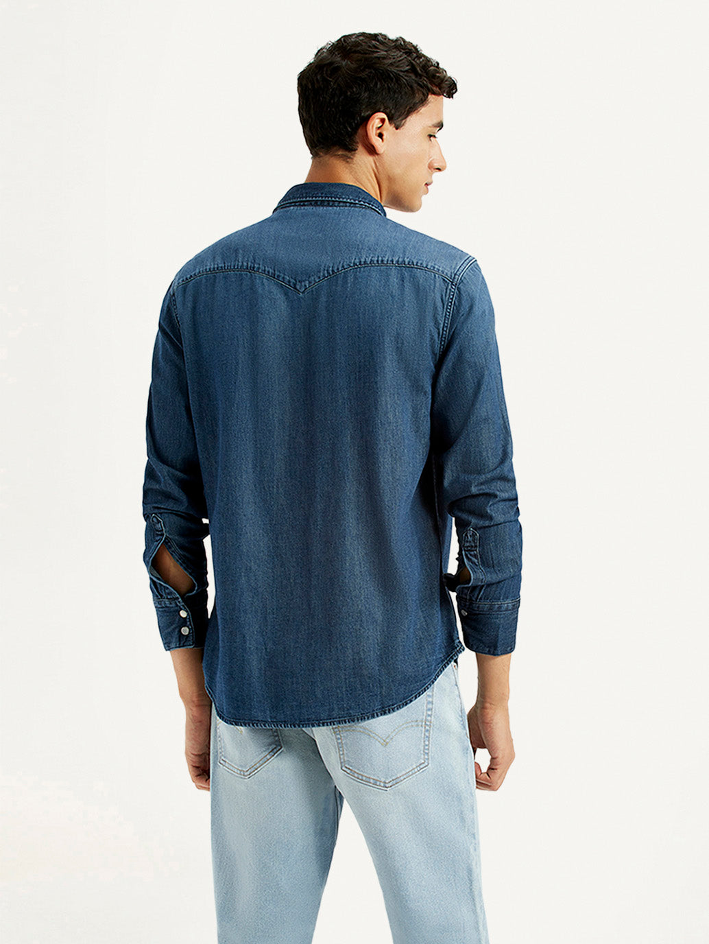 Men's Solid Dark Blue Slim Fit Denim Shirt - Back View