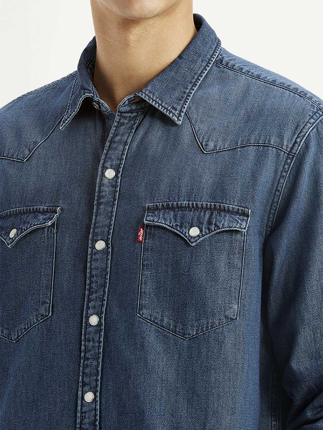 Men's Solid Dark Blue Slim Fit Denim Shirt - Detail View