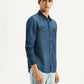 Men's Solid Dark Blue Slim Fit Denim Shirt - Side View