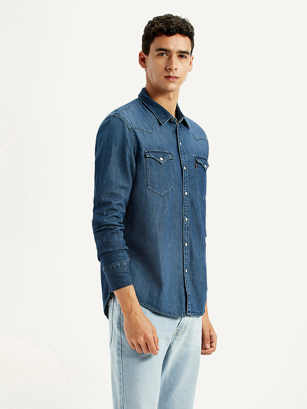 Men's Solid Dark Blue Slim Fit Denim Shirt - Side View