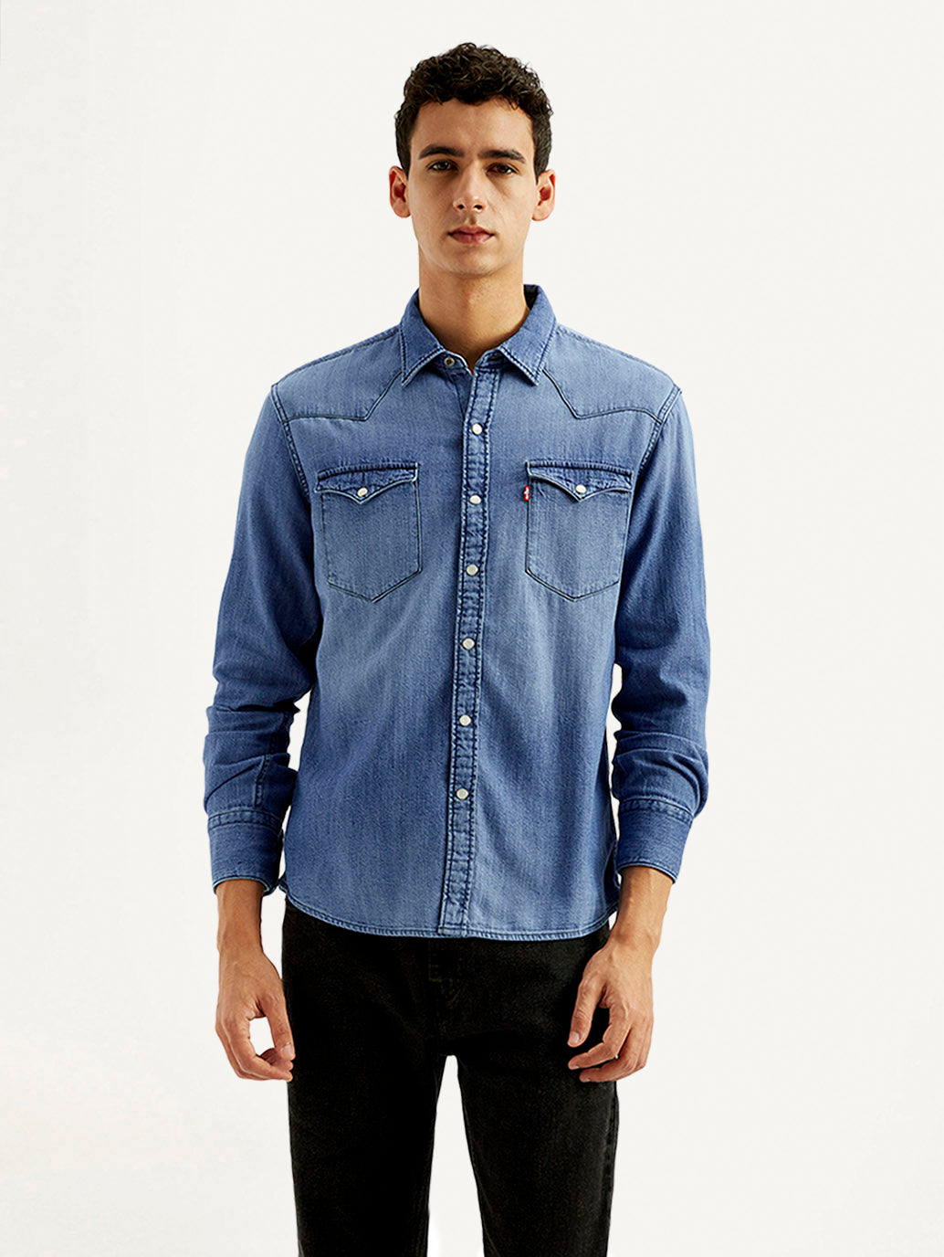 Men's Solid Slim Fit Denim Shirt - Front View