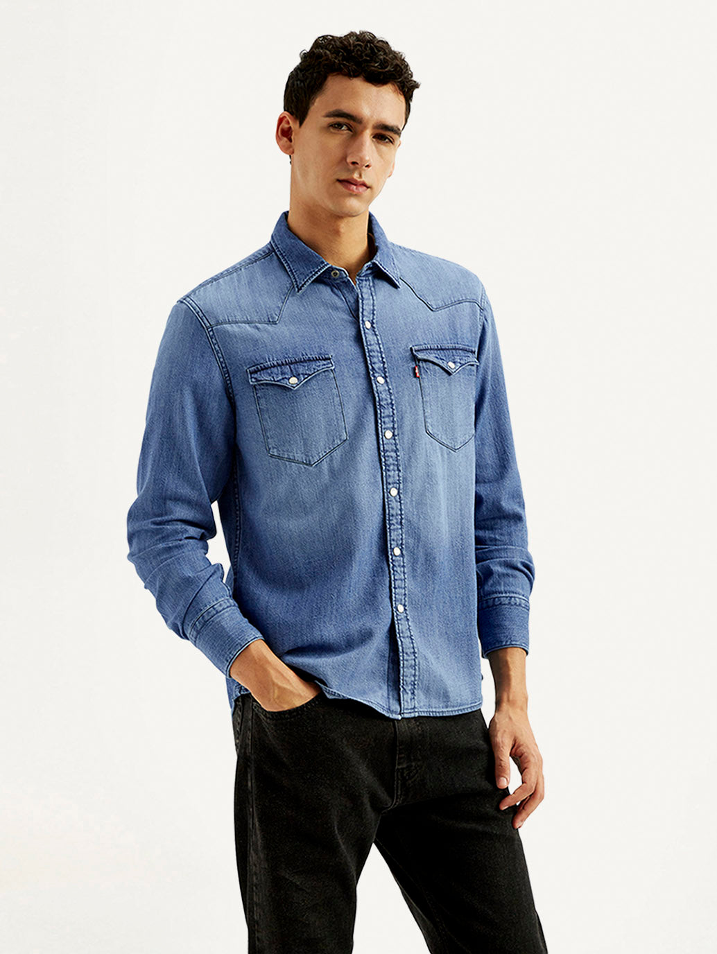 Men's Solid Slim Fit Denim Shirt - Side View