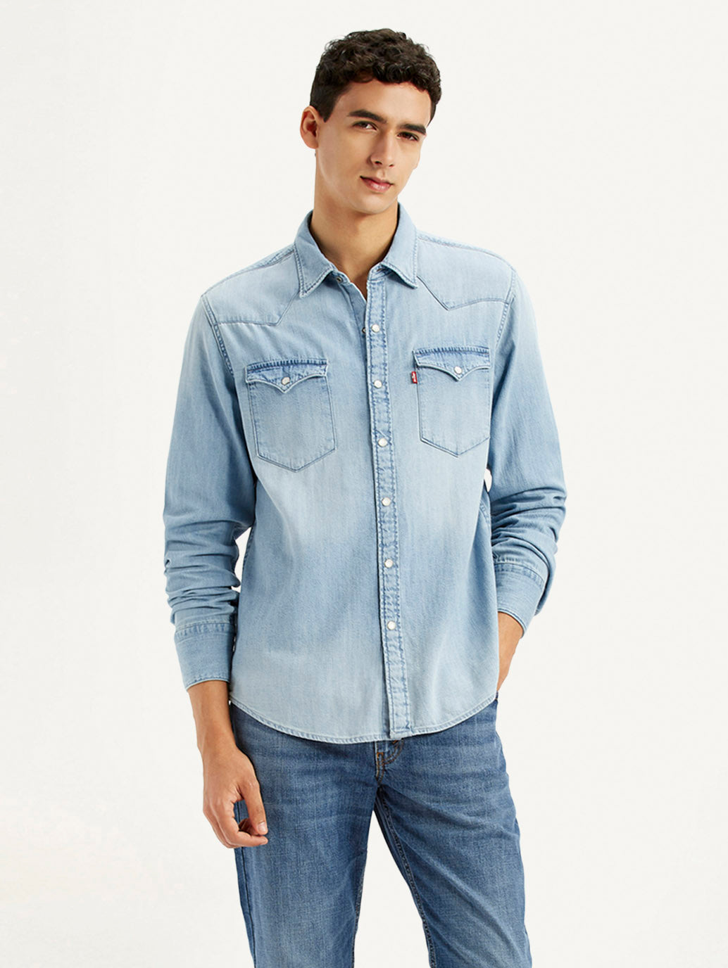 Men's Solid Light Blue Slim Fit Denim Shirt - Styleshot View
