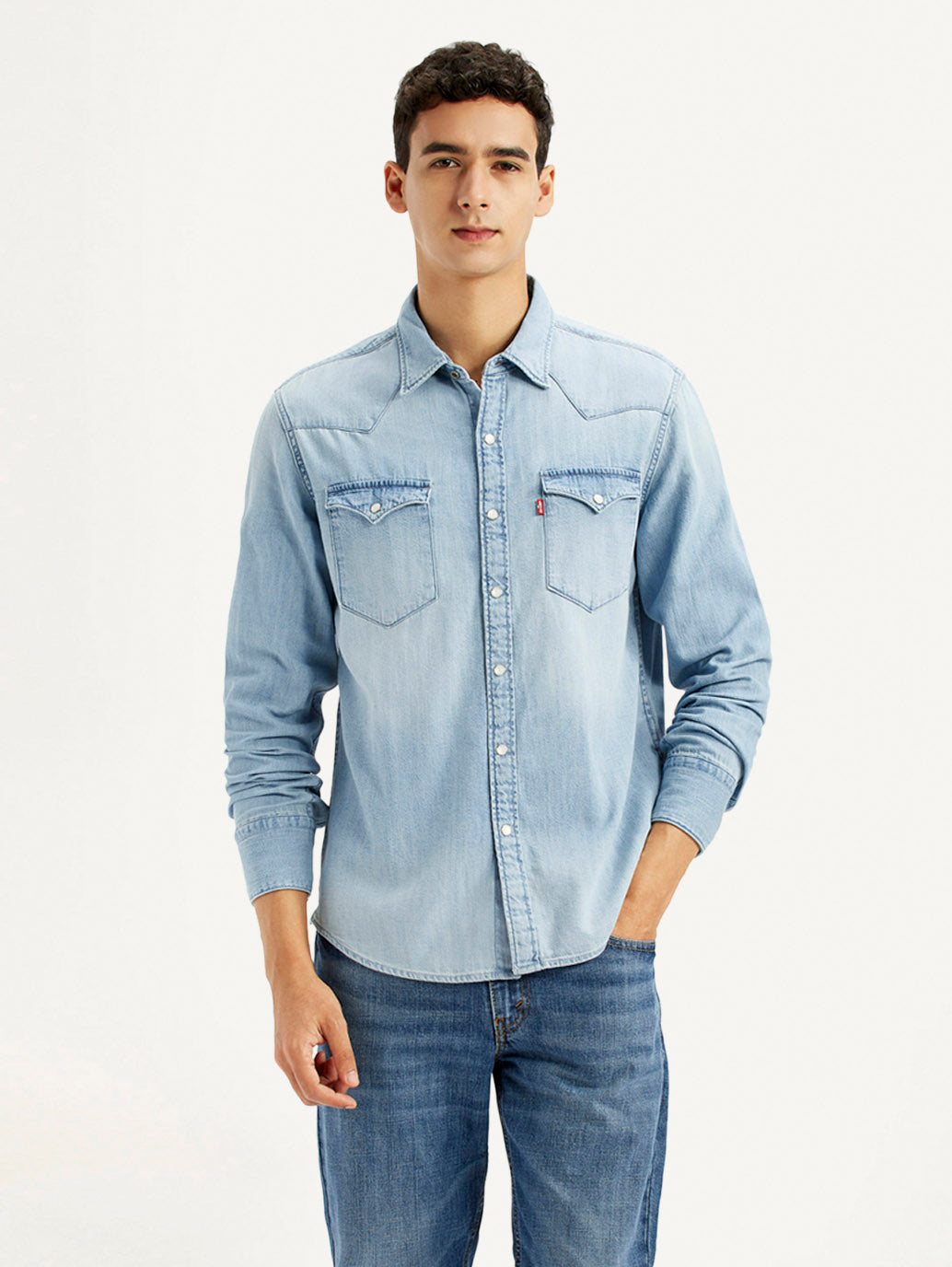 Men's Solid Light Blue Slim Fit Denim Shirt - Front View