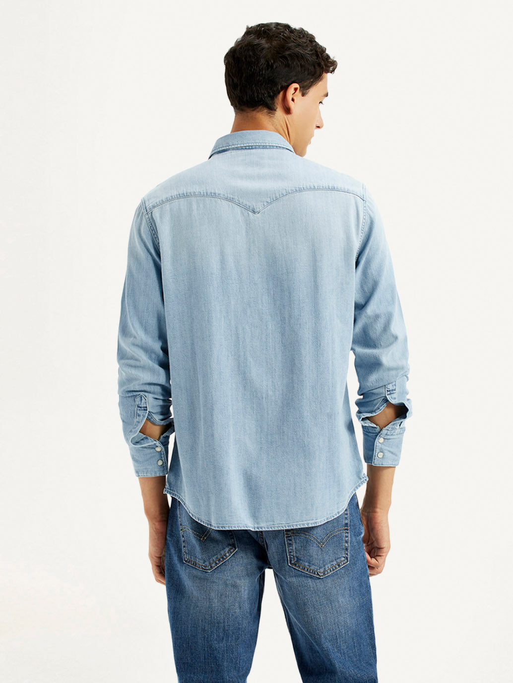 Men's Solid Light Blue Slim Fit Denim Shirt - Back View