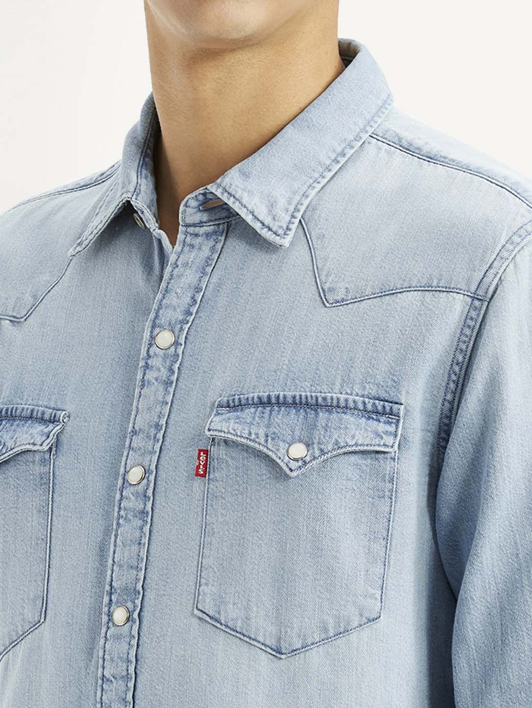 Men's Solid Light Blue Slim Fit Denim Shirt - Detail View