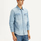 Men's Solid Light Blue Slim Fit Denim Shirt - Side View