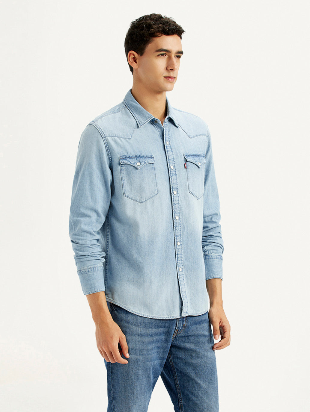 Men's Solid Light Blue Slim Fit Denim Shirt - Side View