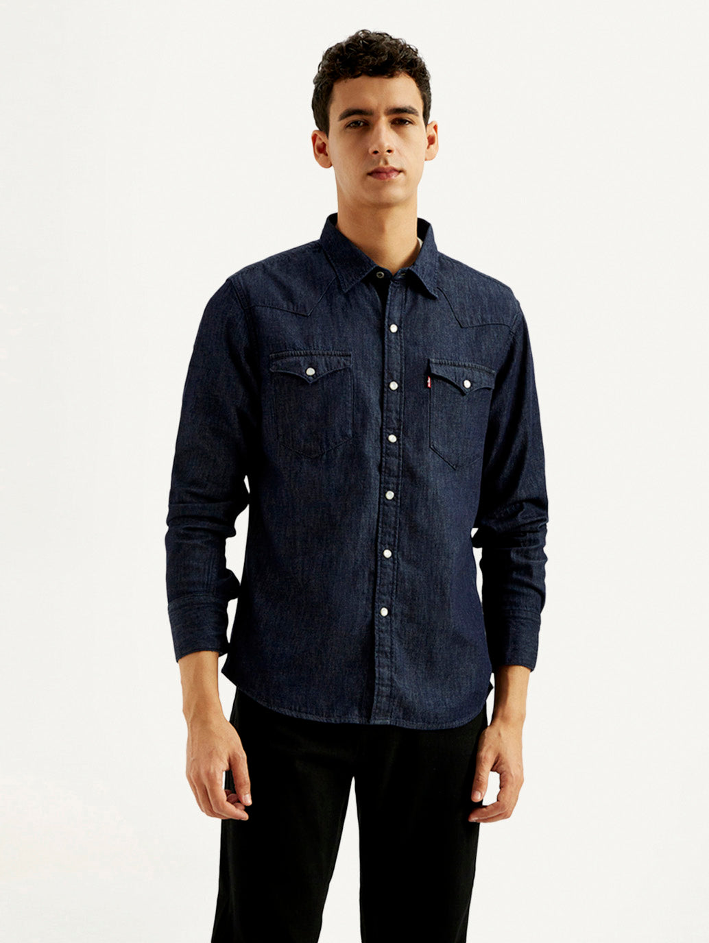 Men's Solid Slim Fit Denim Shirt - Front View