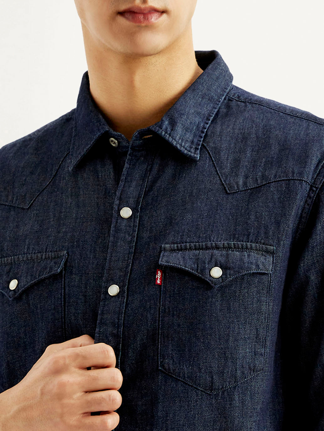 Men's Solid Slim Fit Denim Shirt - Detail View
