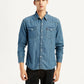 Men's Solid Blue Slim Fit Denim Shirt - Styleshot View